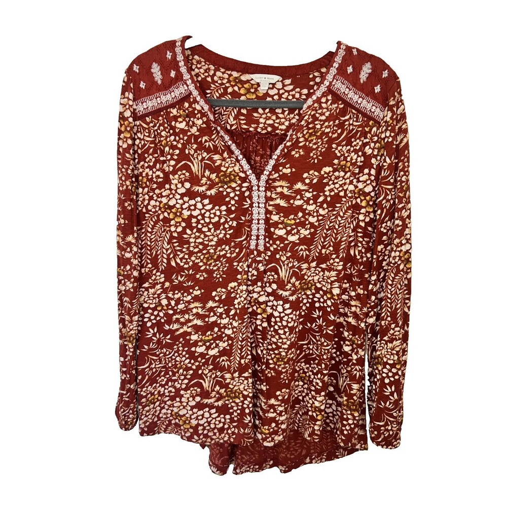 Lucy Brand Women's 2X Rust Floral Bohemian Tunic Blouse Lagenlook Cottage Core